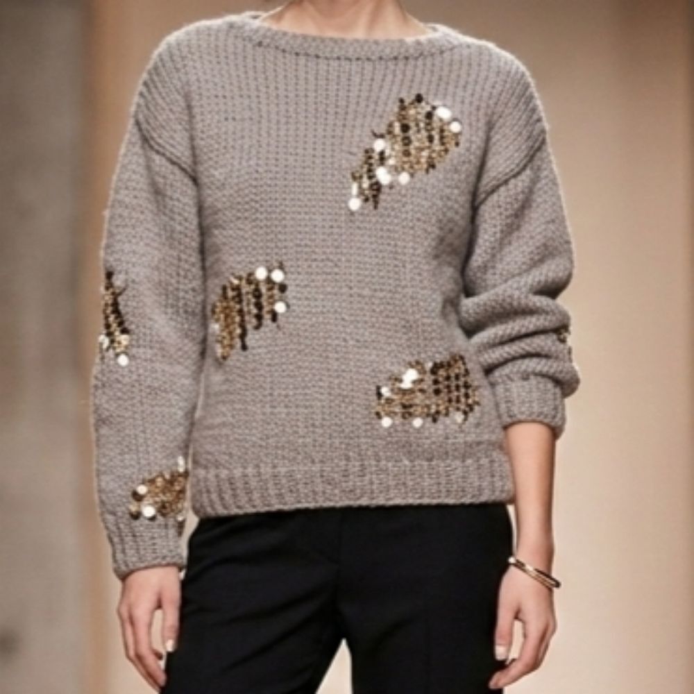 ZARA Mink Limited Edition Chunky Knit Sequin Distressed Sweater Taupe Medium